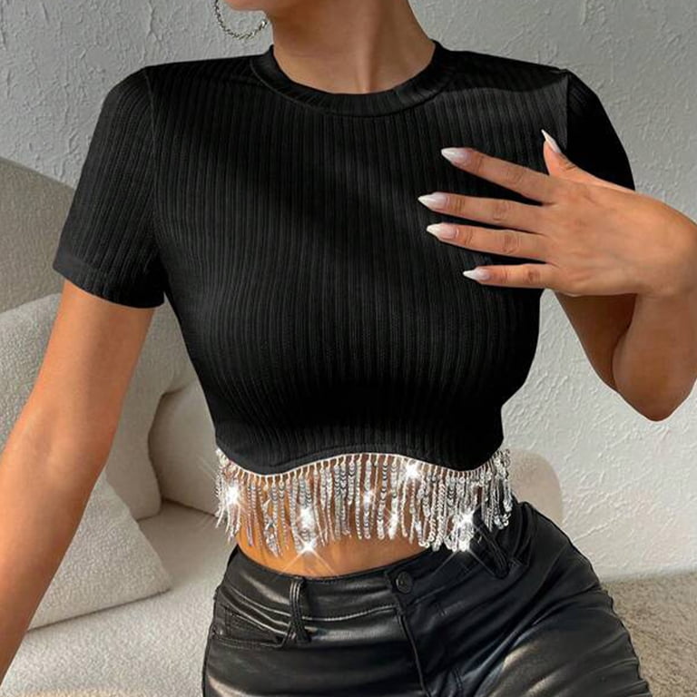 JGGSPWM Women's Summer Sequin Fringe Ribbed Knit Crop Top Round