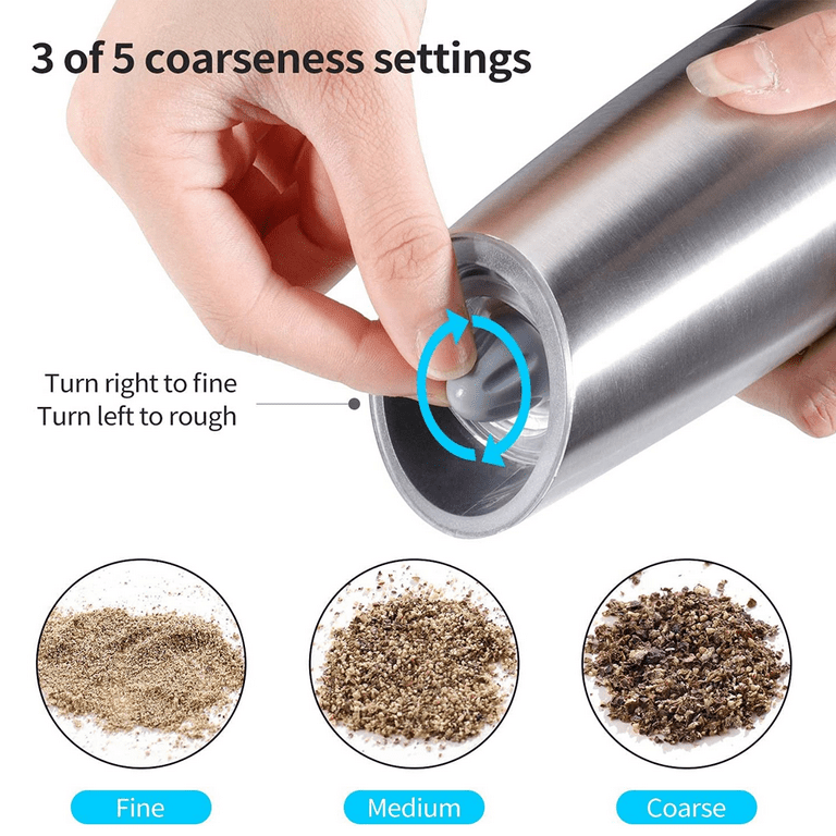 Stainless Steel Salt and Pepper Grinder Set -Tall Shaker, Adjustable  Coarseness, Refillable -Sea Salt, Black Peppercorn Mill 