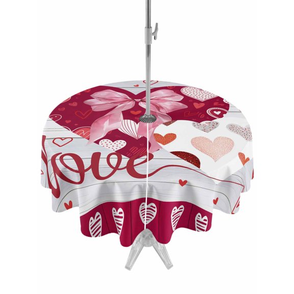Outdoor Tablecloth with Umbrella Hole and Zipper, Happy Valentine's Day Round Table Cloth 60 Inch Waterproof Tablecloth, Love Hearts Romantic Gray Wooden Picnic Table Cover for Patio Camping