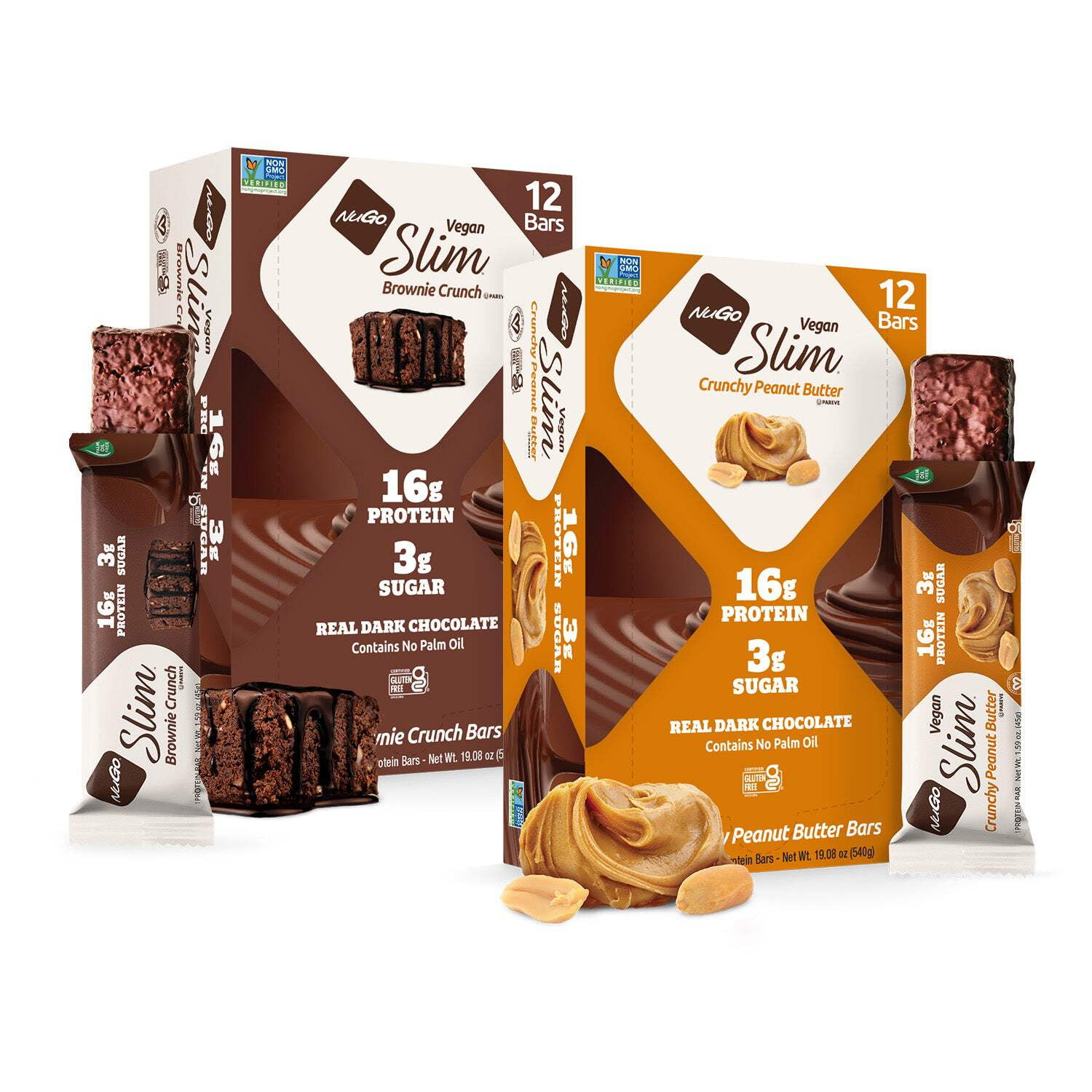 NuGo Slim Variety - Crunchy Peanut Butter 12 bars & Brownie Crunch 12 bars, 16g Protein, Keto Friendly, Gluten Free, 24 count