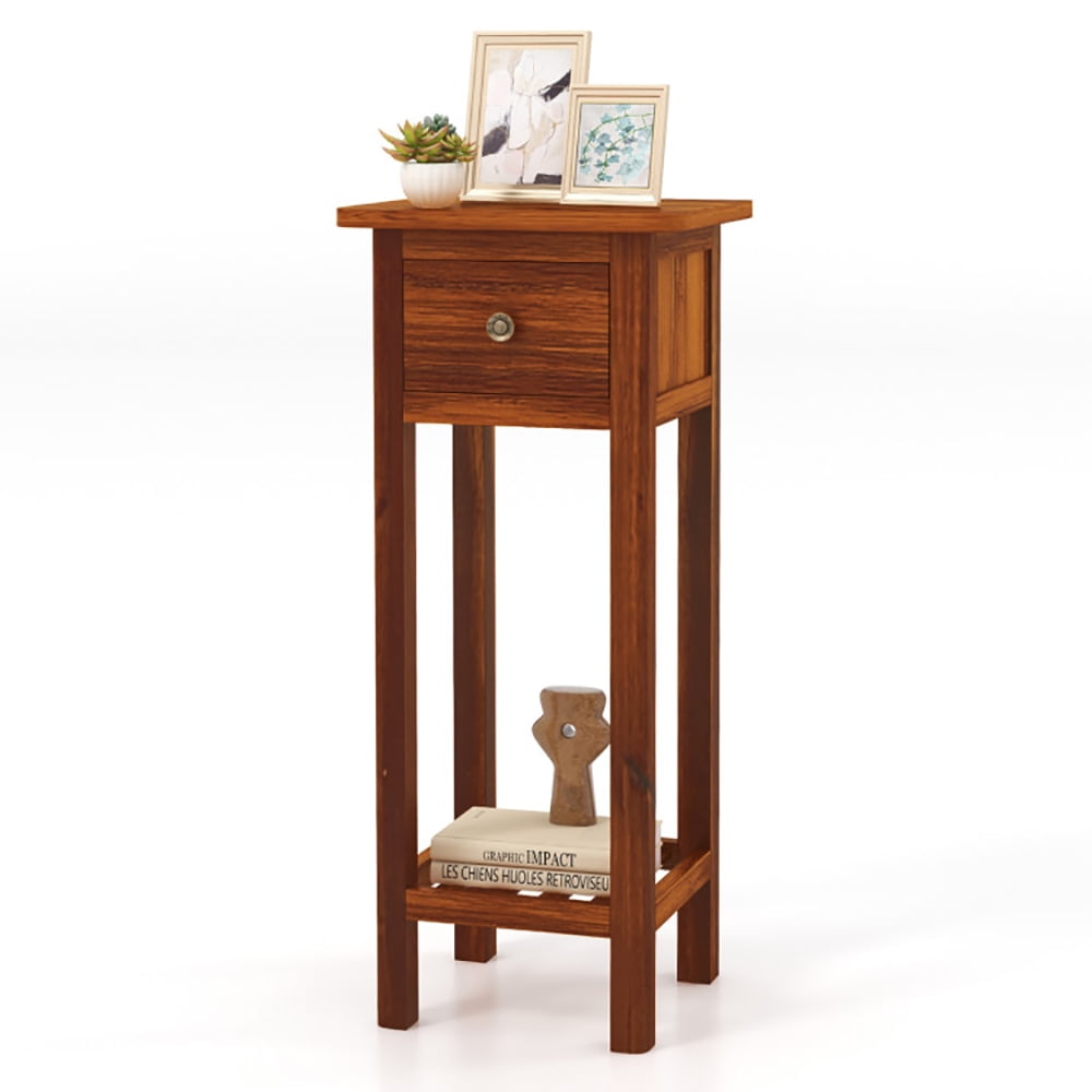 Finihen Side Table, Sofa Side Table, Bed Side Table, 2 Tier Slim Nightstand Bedside Table with Drawer Shelf, for Living Room, Bedroom, Brown