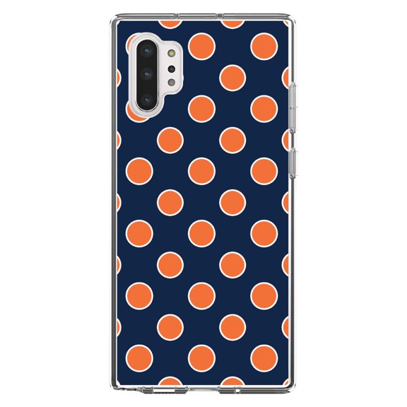 DistinctInk Clear Shockproof Hybrid Case for Galaxy Note 10 PLUS (6.8" Screen) - TPU Bumper, Acrylic Back, Tempered Glass Screen Protector - Navy Orange White Polka Dots