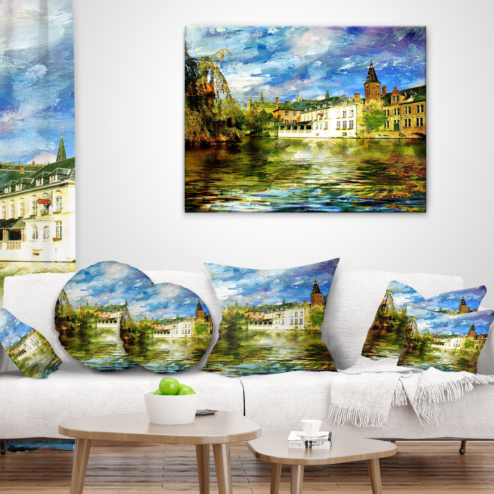Designart Old Belgium Channel - Landscape Photography Throw Pillow - 12x20