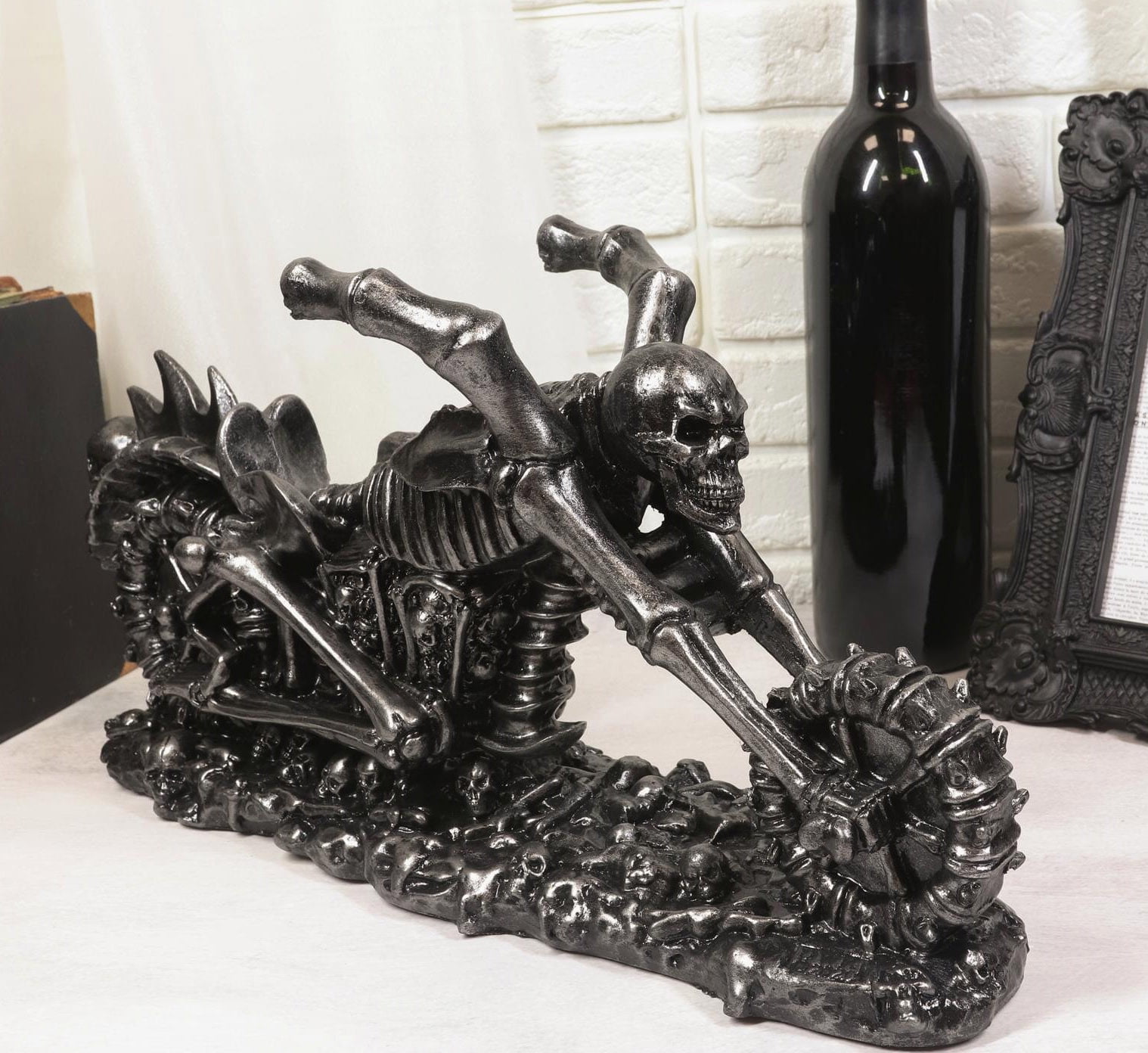 Large Hell Ghost Rider Skull Chopper Motorbike Wine Holder Figurine 15.25