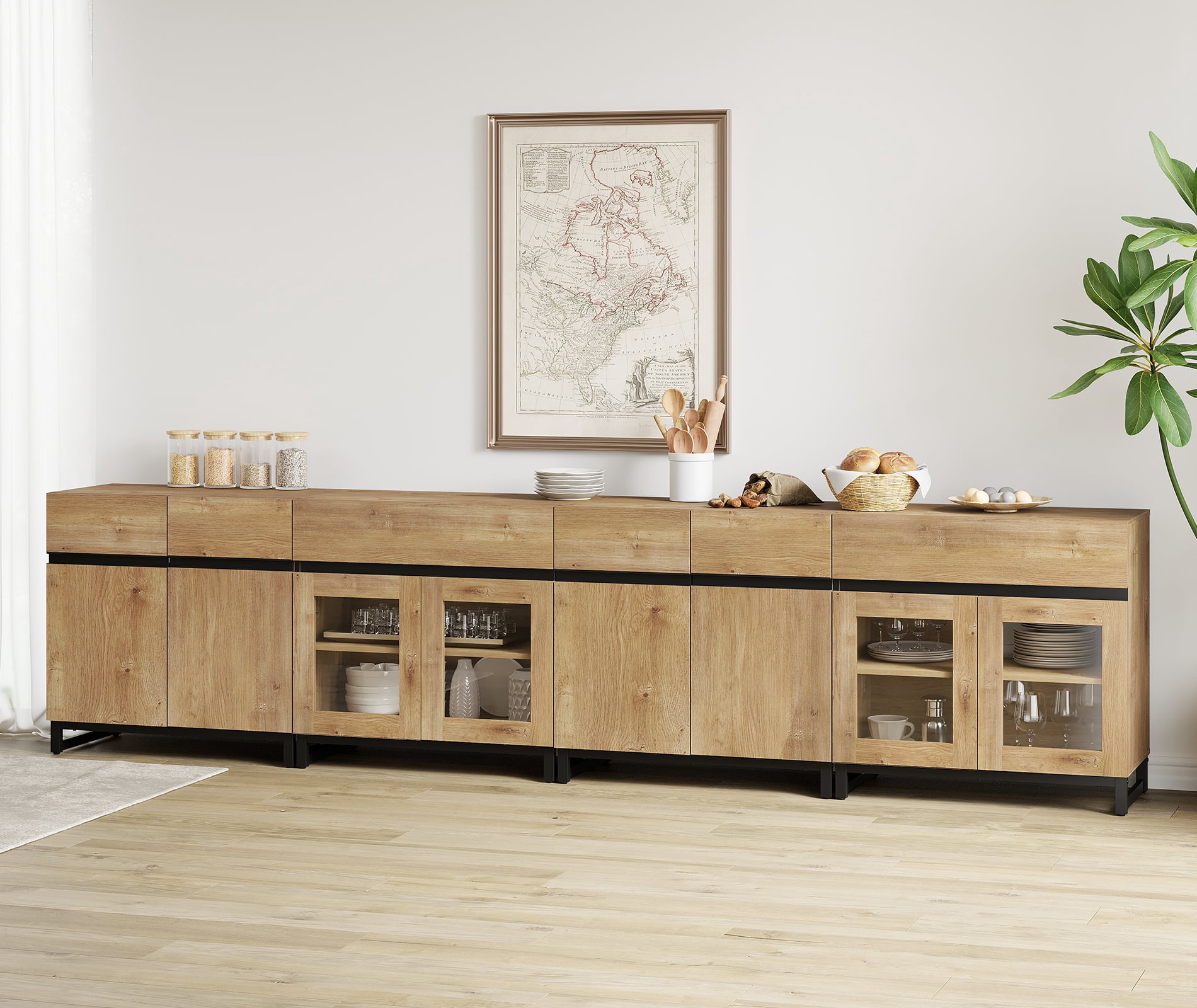 4 In 1 Sideboard Buffet Cabinets With Glass Doors And 2 Drawers, Modern Sideboard Credenza With Adjustable Shelf And Metal Base, Coffee Bar Cabinet Storage Cabinet