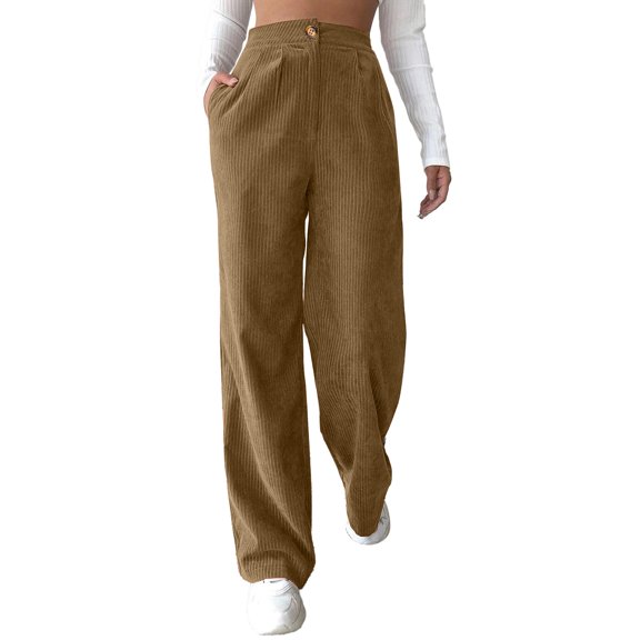 GILIGEGE Corduroy Pants for Women Winter Wide Leg Corduroy Pants with Pockets Warm Baggy Sweatpants High Waisted Straight Wide Leg Trousers Comfy Work Pants Soft Cozy Palazzo Teacher Pant Brown L