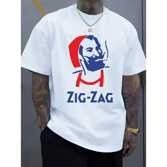 Men'S Zig-Zag Graphic T-Shirt - Bold Blueachine Washable Summer Casual Top, Trendy Round Neck Short Sleeve for Young Adults, Everyday Tshirt | Bold Print Shirt | Comfortable Fit, Zigzag Shirt