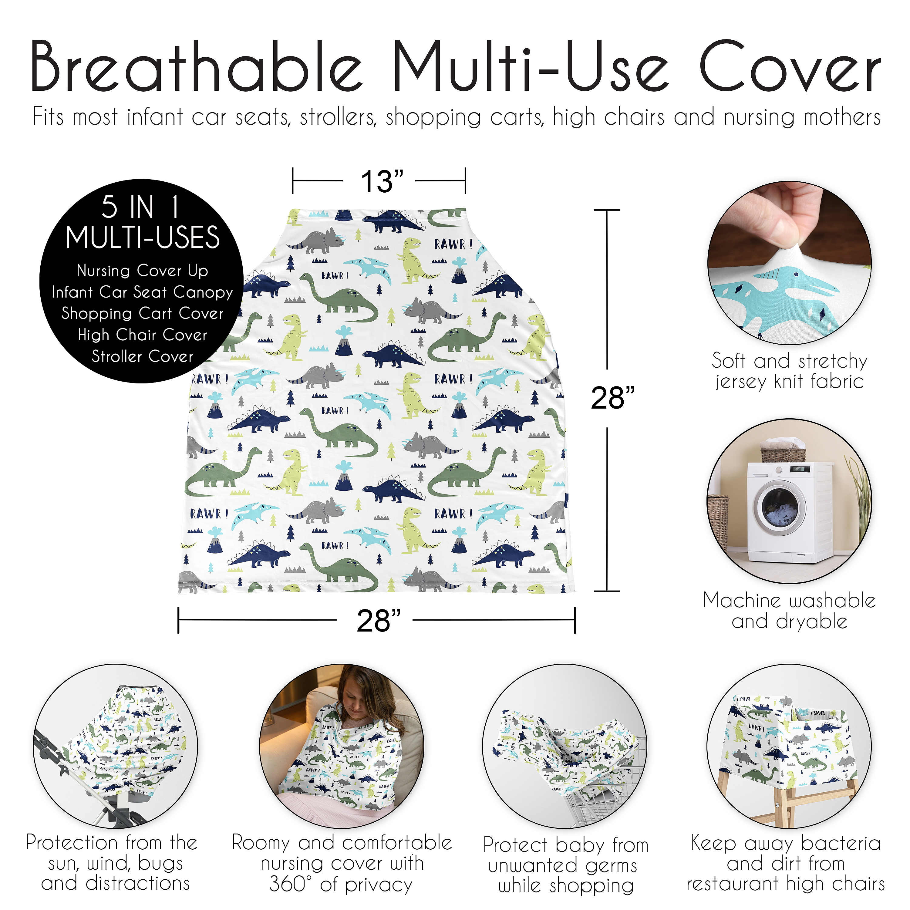 Sweet Jojo Designs Mod Dinosaur Multi Use Baby Car Seat and Nursing Cover Multicolor