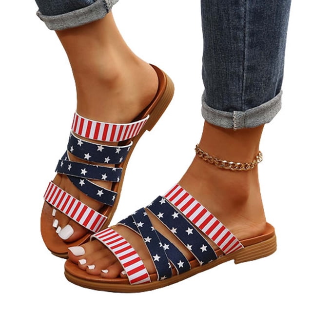 Dvkptbk Sandales à Plateforme Confortables pour Femmes, Drapeau Américain, Étoiles, Rivets en Strass, Intérieur Ou Extérieur, Marron, Été