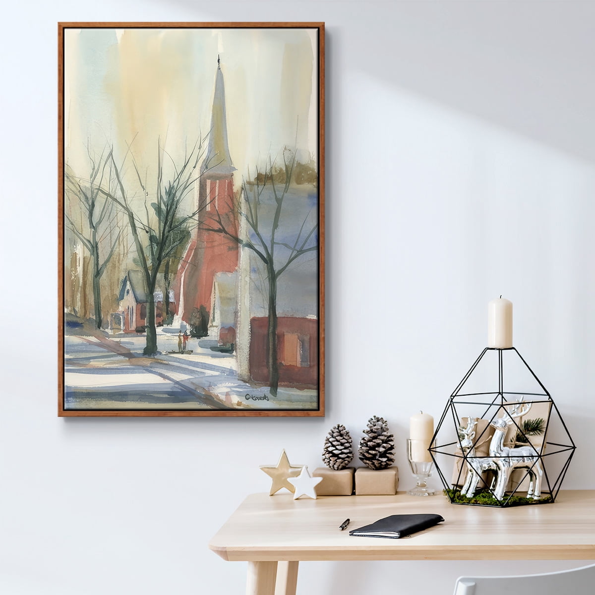 New England Main Street - Framed Gallery Wrapped Holiday Canvas - 17 x 25 - Rosewood Frame