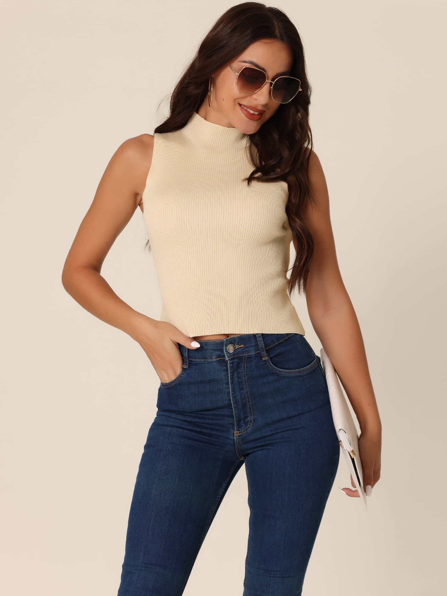 Unique Bargains Women's Mock Neck Knit Sweater Vest Sleeveless Trendy Ribbed Tank Tops L Beige