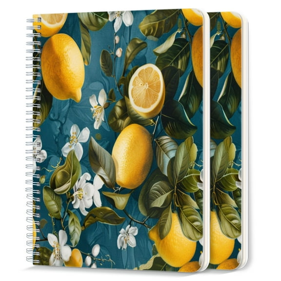 Spiral Notebook,College Ruled Journal,8.26" x 5.71" 50 Sheets/100 Pages,2 Pack - Lemon Print Pattern on Dark Blue Background