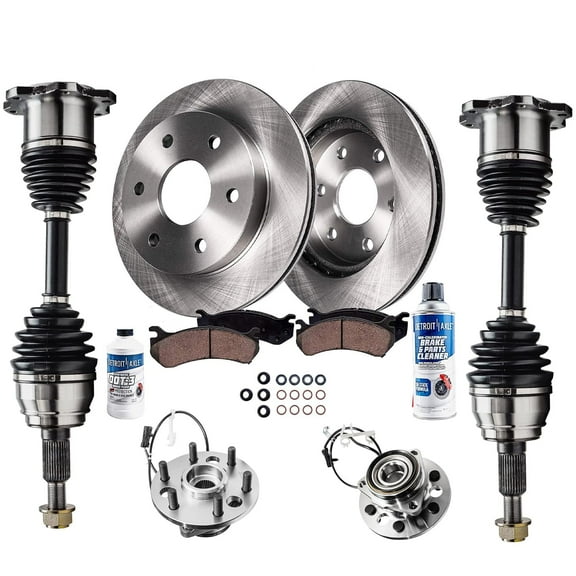 Detroit Axle - 10PC Front CV Axle Shafts, Wheel Hub & Bearings, Disc Brake Kit Rotors w/Ceramic Pads w/Hardware & Brake Kit Cleaner for 1995-99 Chevy Tahoe/GMC Yukon - [1999 Cadillac Escalade]
