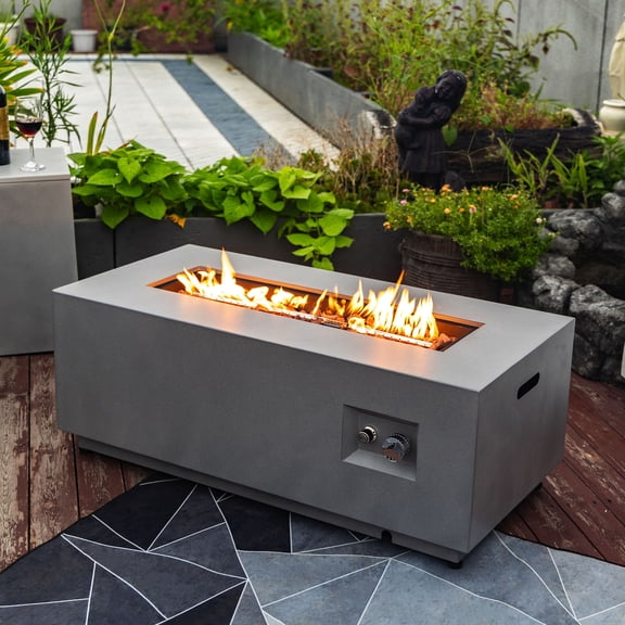 YIYADO 2-Piece Outdoor Propane Fire Pit Table Set, 42-Inch Terrazzo Rectangular Fire Table, 50000 BTU Rectangular Steel Fire Pit with Glass Wind Shield, Gray