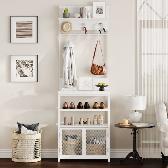 Space-Saving Modern Entryway Hall Tree – 72.8in Freestanding Coat Rack with Doors, 5-Tier Shoe Storage Shelf, 7 Hooks, Iron Mesh Door – Perfect Organizer for Living Room, Bedroom, Mudroom