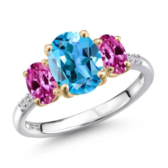 Gem Stone King 925 Silver and 10K Yellow Gold Swiss Blue Topaz and Pink Created Sapphire and Lab Grown Diamond Engagement Ring for Women | 3.31 Cttw | Oval 9X7MM | November Birthstone | Size 8