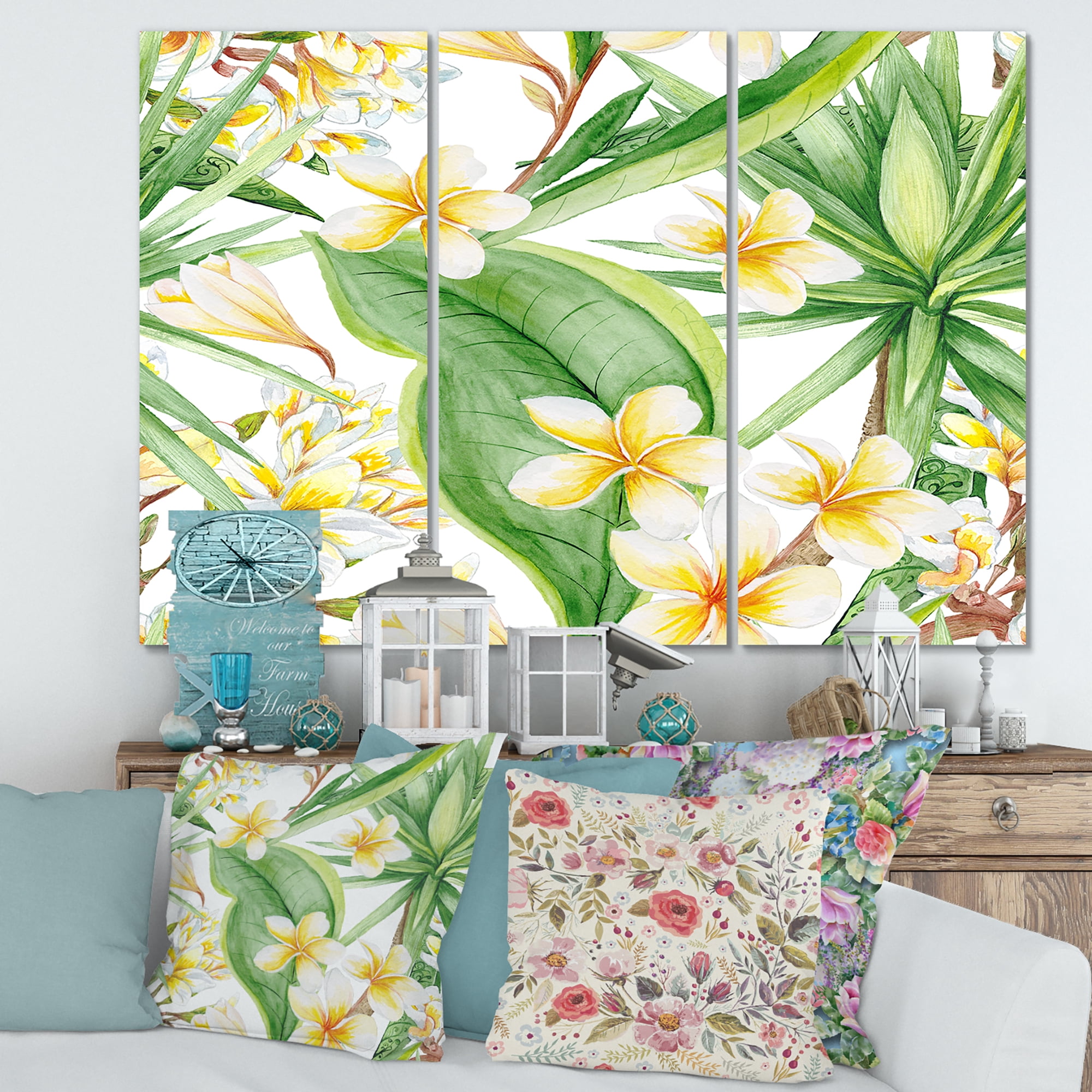 Designart ' Yellow Flowers and Tropical Foliage VII ' Modern Canvas Wall Art Print