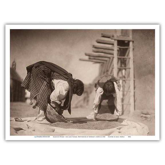 Cleaning Wheat - Tewa Tribe Women - San Juan Pueblo New Mexico - Vintage B&W Historical Photograph by Edward S. Curtis c.1905 - Master Art Print (Unframed) 9in x 12in