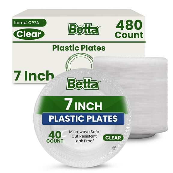 Betta 7-Inch Disposable Plastic Dessert Plates, Clear, 480 Count, Bulk Case, Microwave Safe (12 Pack Per Box x40)