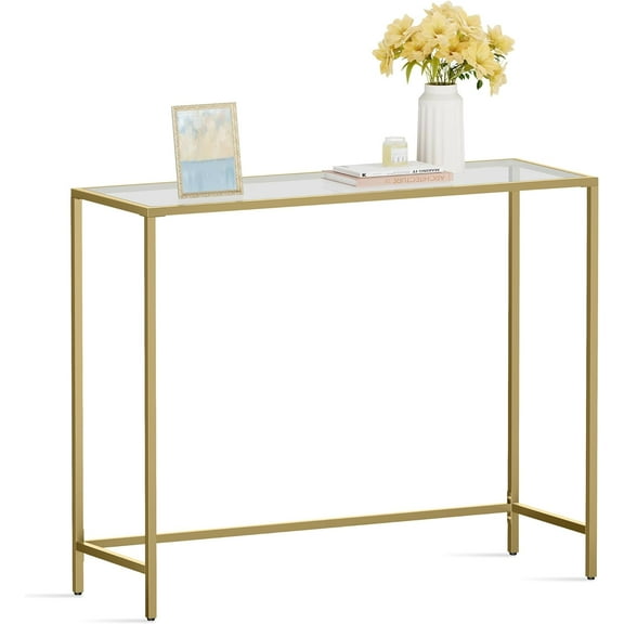 39.4 Inches Console Table, Tempered Glass Sofa Table, Modern Entryway Table, Metal Frame, Easy to Assemble, Adjustable Feet, for Living Room, Hallway, Gold Color ULGT26G