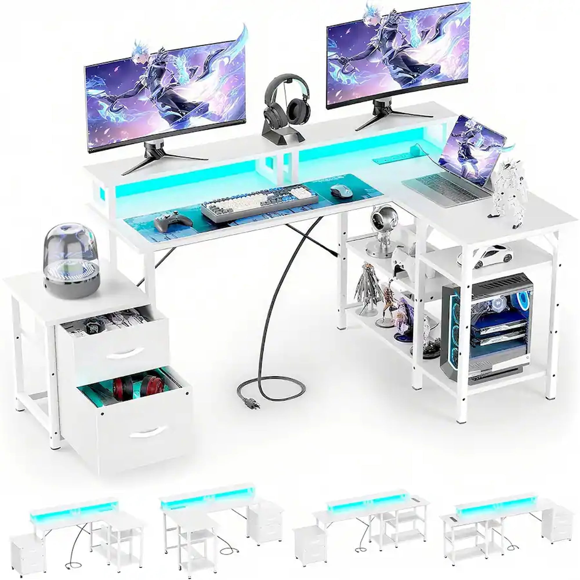GTPLAYER L Shape Office Desk with File Drawers&Power Outlet, 69.3 Inch Reversible 2 Person Desk,Corner L Shape or Long Desk Set up,Monitor Stand &Storage Shelves, LED Lights &CPU Stand