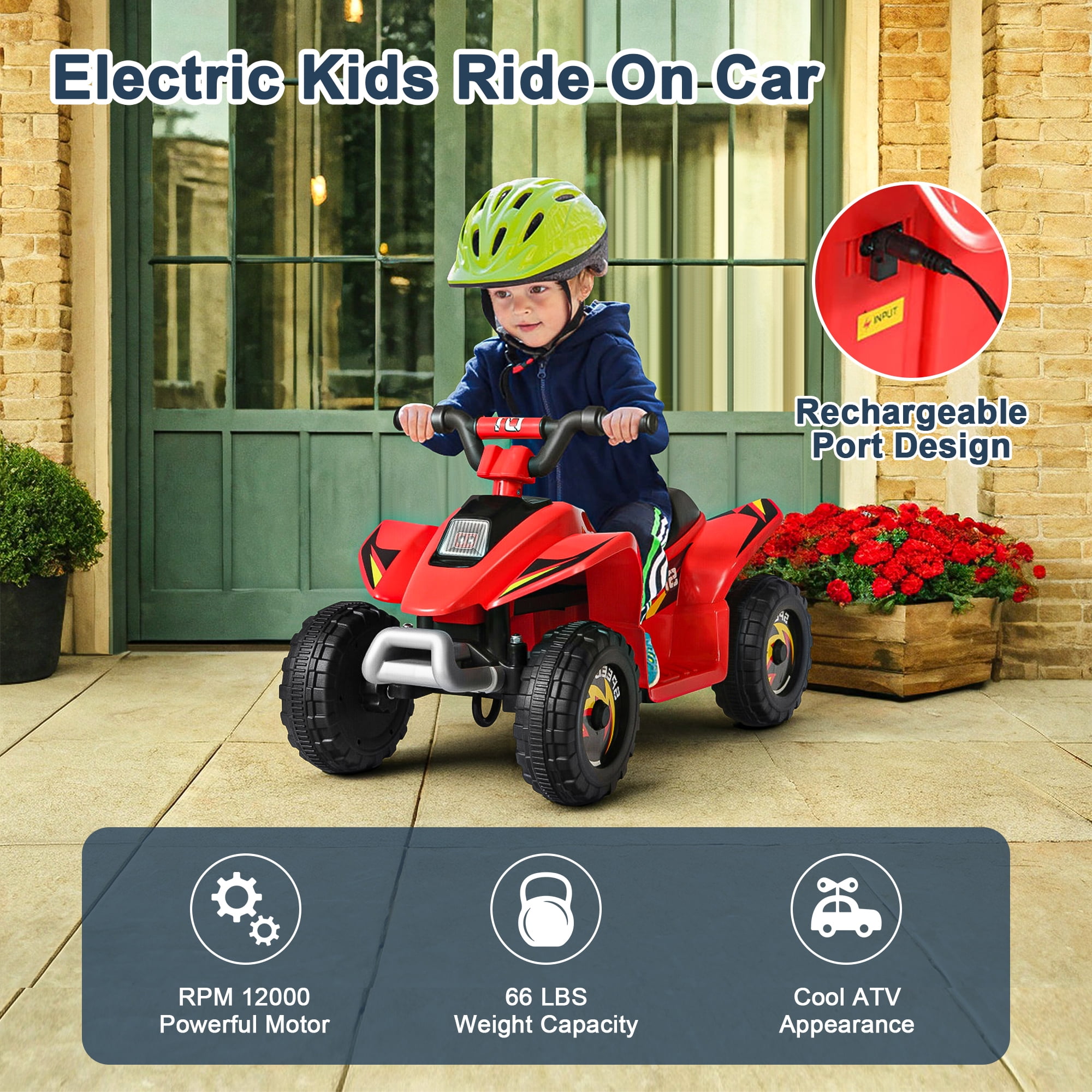 Resenkos 6V Kids Ride On Electric ATV, Ride Car with 4 Wheels, Ride-On Toy for Toddlers 1-3 Boys & Girls(Red)