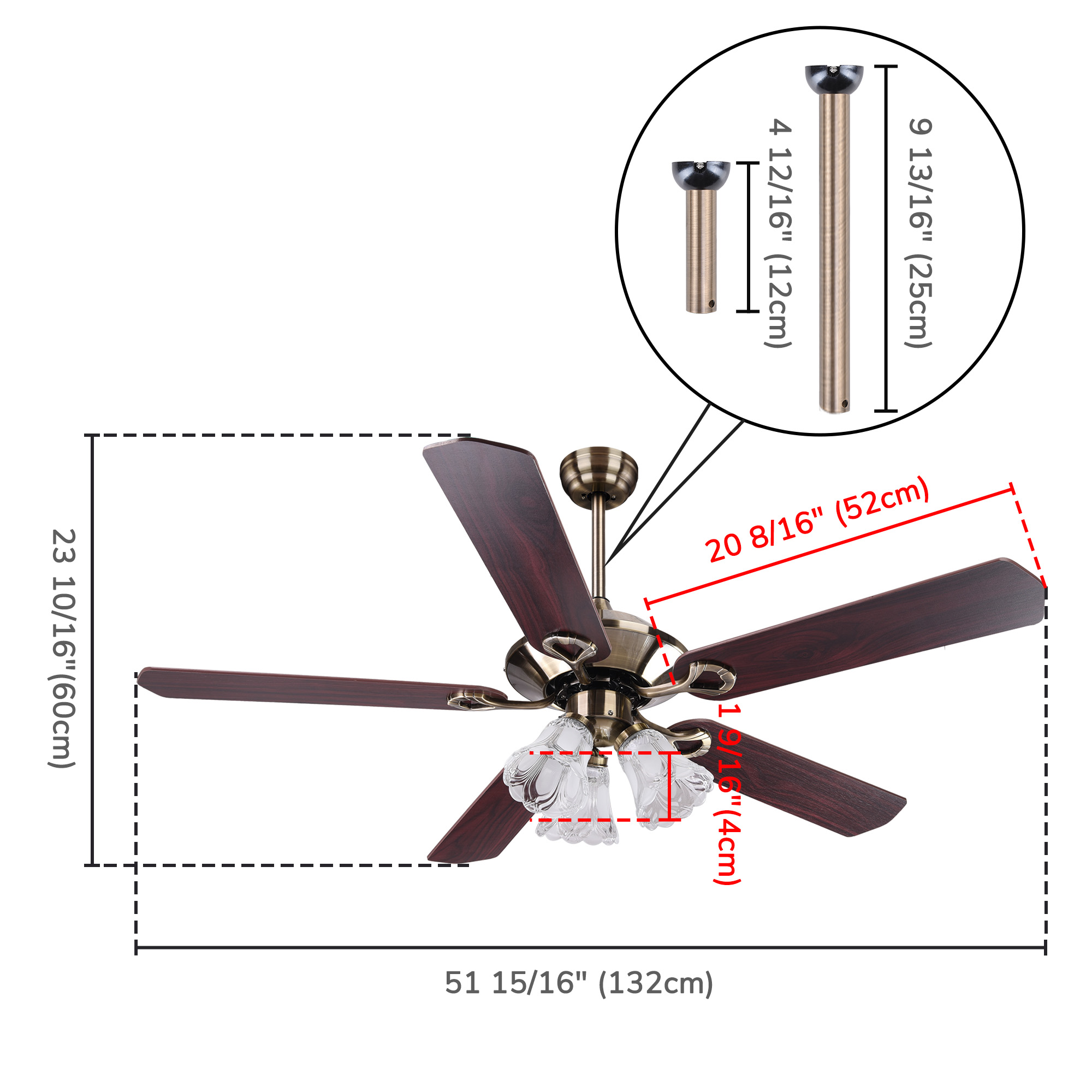 DELight 52 inch Ceiling Fan with Lights Remote Control Reversible Blades  Frosted Glass Light Indoor Ceiling Fan Antique Bronze