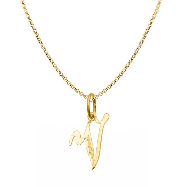 Precious Stars 14K Yellow Gold Diamond-Cut Cursive Letter Initial 'V' Pendant with 18" Chain Necklace