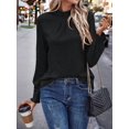 thumbnail image 3 of Womens Eyelet Mock Neck Long Sleeve Shirts Top Dressy Casual Trendy Business Stretch Hollow Out Tee Black S, 3 of 7
