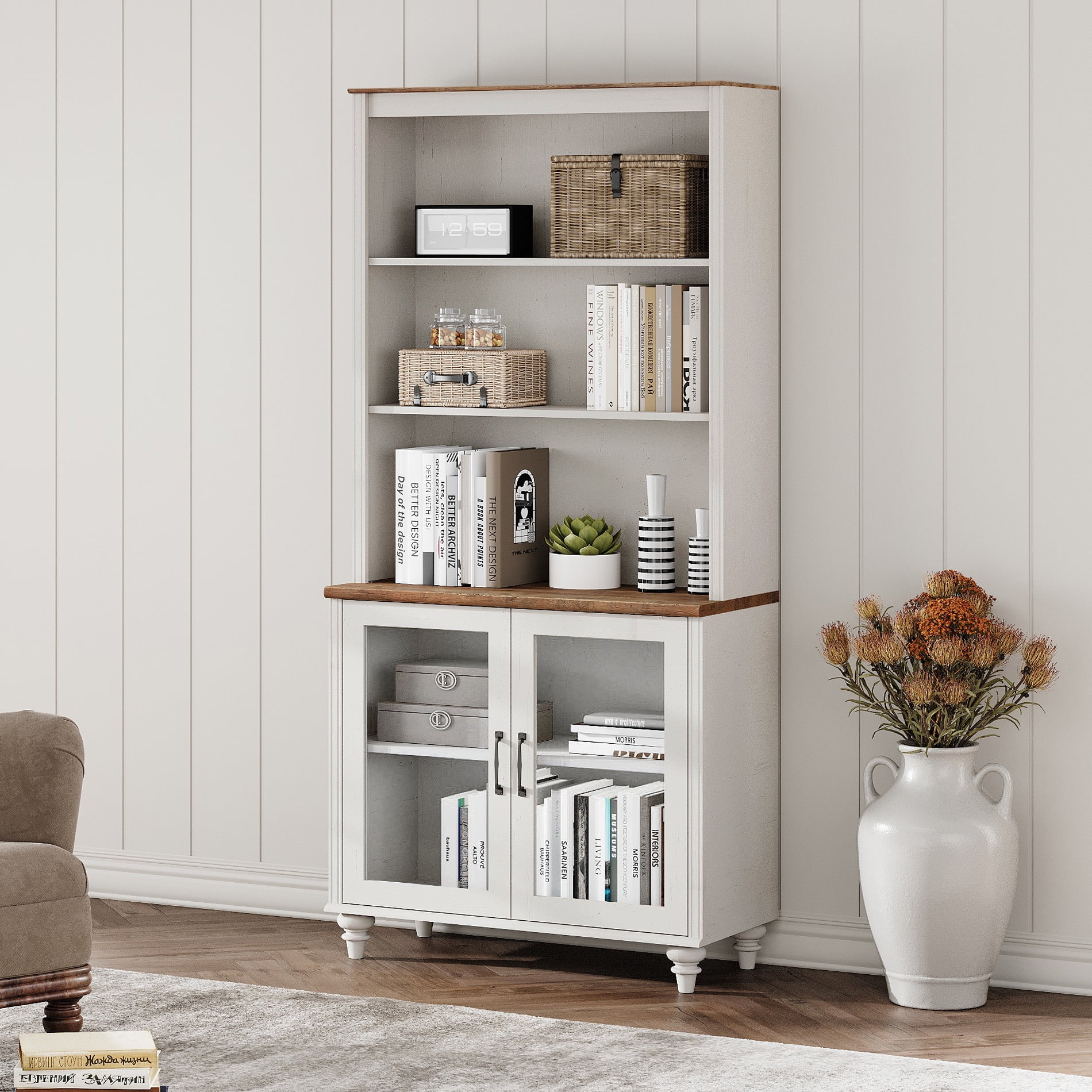 Farmhouse Pantry Cabinet, Dining Hutch with Glass Doors and Adjustable Shleves, Mid-Century Modern Pantry Storage for Kitchen, Living Room, Home Office, White
