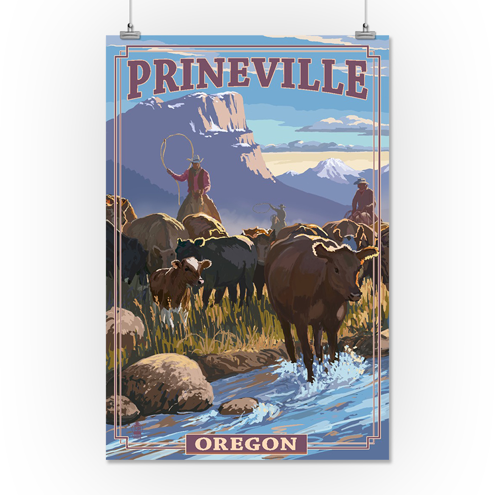 Prineville, Oregon Cowboy Cattle Drive Scene Lantern Press Artwork