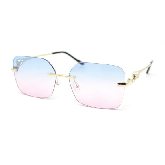 Unique Cougar Jewel Hinge Rimless Rectangle Pimp Sunglasses Gold - Blue Pink