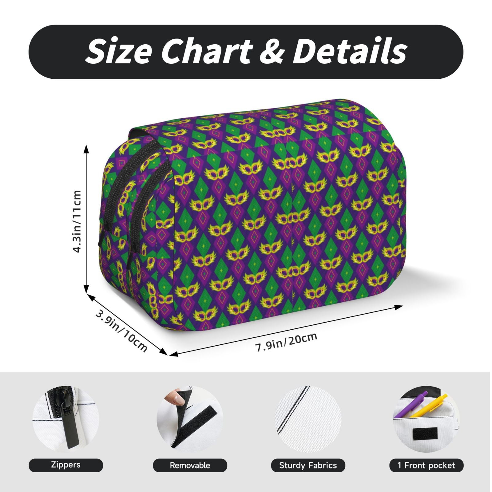 Rateoe Mardi Gras Carnival3 Pattern Double Clamshell Pen Case, Storage Organizer with Two Zipper Compartments– Holds Up to 50 Pencils & Pens