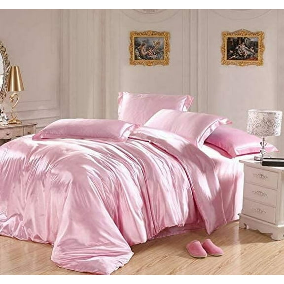 Vuvet Bedding 100% Pure Silk Sateen Sheet Set | 4 Pcs | Fitted Sheet Fits Up to 15" Deep Pocket Mattress | Flat Sheet Fitted Sheet Pillowcase Set | Wrinkle Free Fade Resistant (Short Queen, Rose Pink)