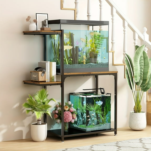 5-10 Gallon Metal Aquarium Stand with Double Shelves - 24.4"x14" Floor-Standing for Turtles, Reptiles, Aquariums - Sturdy Terrarium Organizer with Utility Racks