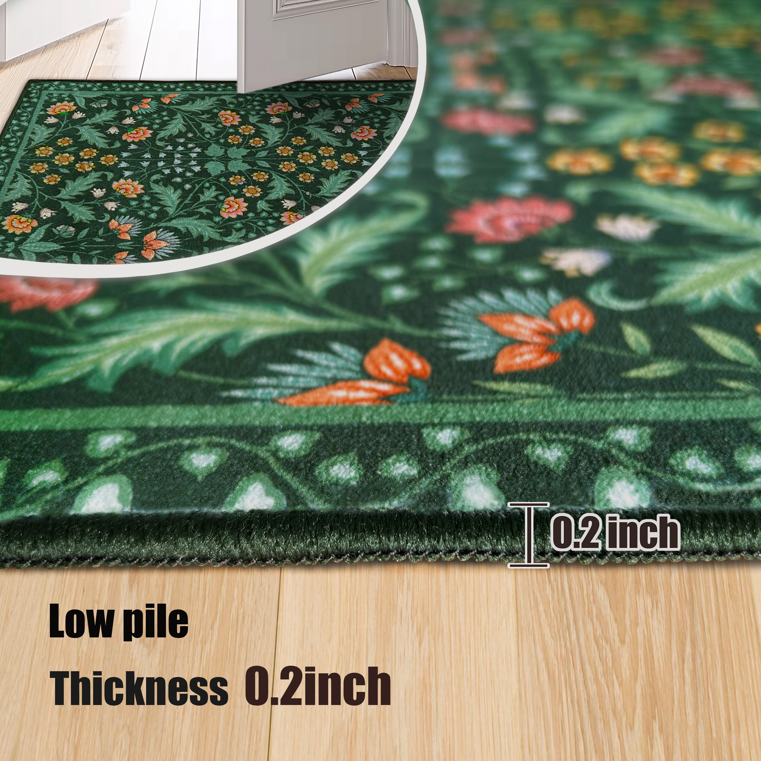 ARJINCUTE Spring Blooms Vintage Green Area Rugs 5' x 7', Soft Touch, Non Slip, Low Pile, Machine Washable, Foldable
