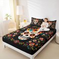 thumbnail image 3 of Castle Fairy Kawaii Sugar Skull Queen Sheets 4 Pieces,Gothic Colorful Floral Day Of The Dead Queen Sheet Sets,Multitone Black,1 Fitted Sheet,1 Flat Sheet and 2 Pillowcases, 3 of 6