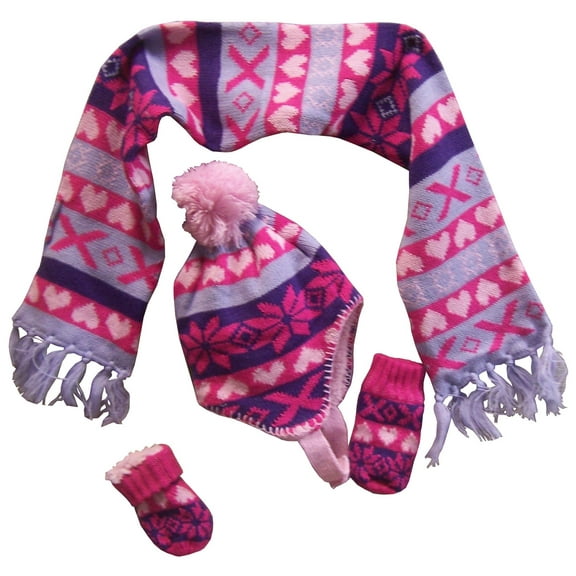 N'Ice Caps Little Girls Baby Sherpa Lined Snowflake Print Hat Scarf Glove Knit 3 Piece Set - Pink
