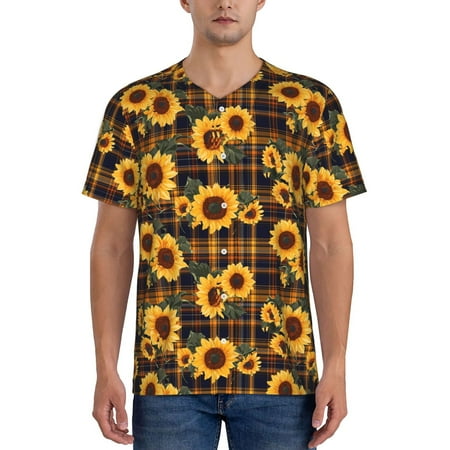 Hirioo Brown Blue Plaid Sunflower for Men s Baseball T-shirt Shirts Short Sleeve Casual Summer Button Stretch T Shirts Size S-4XL-4X-Large