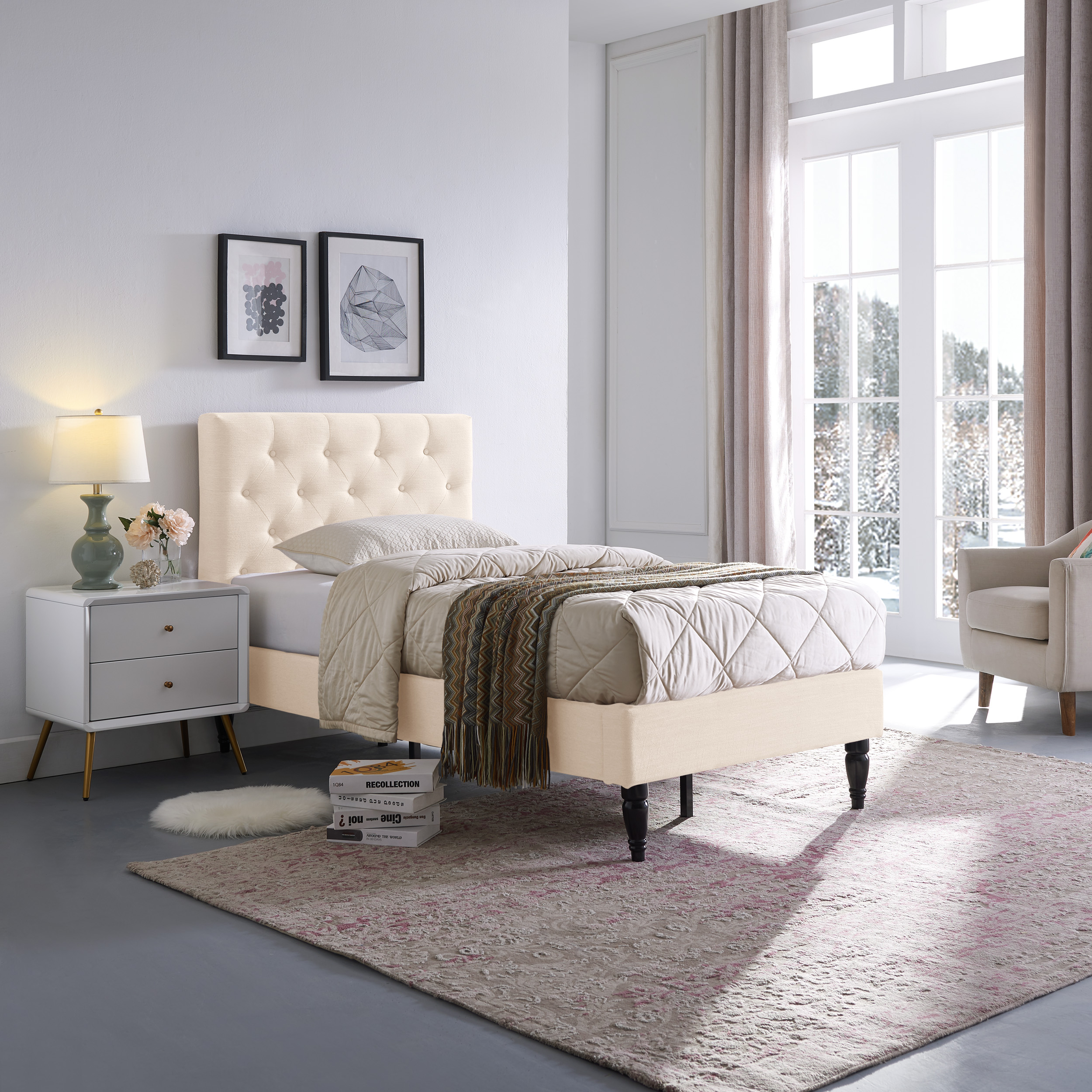 Lera Contemporary Upholstered Twin Bed Platform, Beige and Black - image 2 of 13