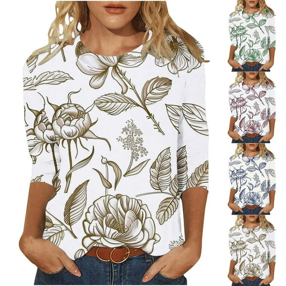 CYMMPU Loose Fit Tunic Tops Boho Blouses for Women Dressy Casual Floral Printed Round Neck Summer Fashion Shirts 3/4 Sleeve Spring Tops Lightweight Basic T-Shirts XL