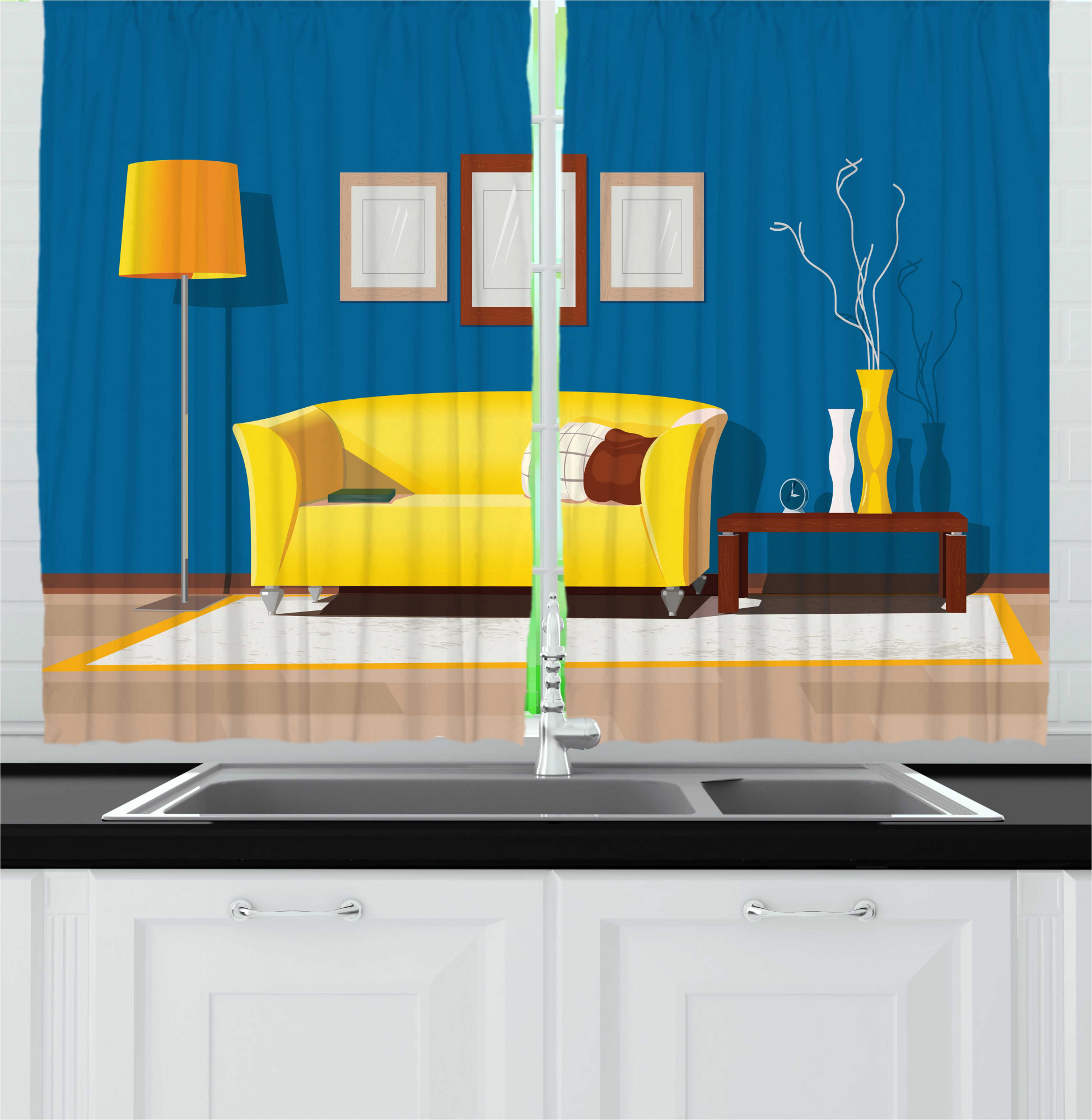 Mid Century Kitchen Curtains, Interior Illustration of a Modern House Room  in Minimal Art Style, Two Panels Drapes with Rod Pocket Room Decor, 55