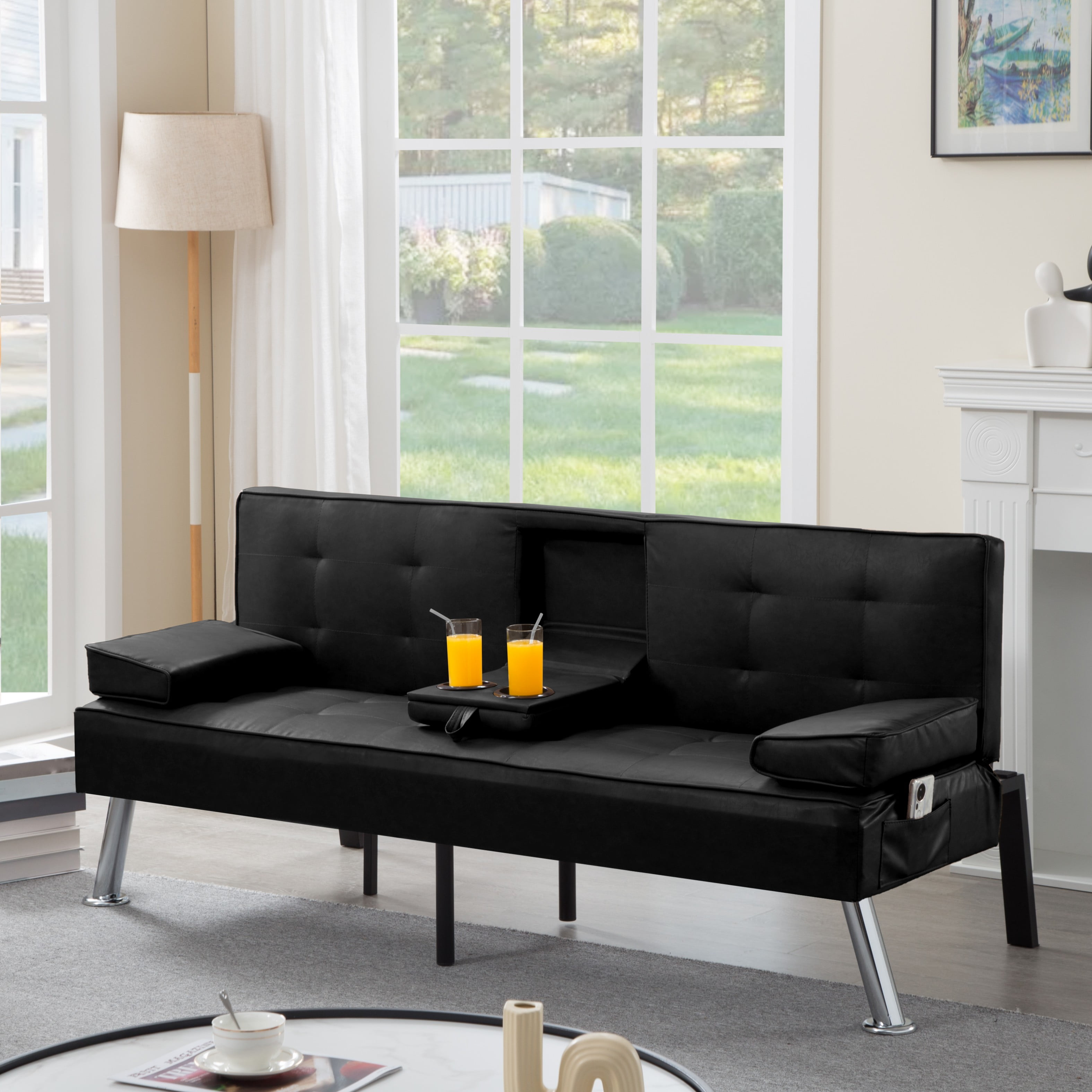 BSHTI 69.49" Convertible Futon Sofa Bed with Drop Down Cup Holders, 5-Position Adjustable Backrest, Side Storage Pocket, Removable Arm Cushions for Small Space,Black