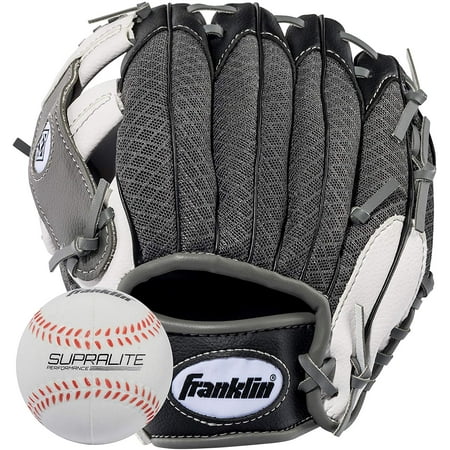 UPC: 0025725419142 | Franklin Sports Meshtek Teeball Fielding Glove with Ball – Left Hand Throw – 9.5 In. – Black White and Grey