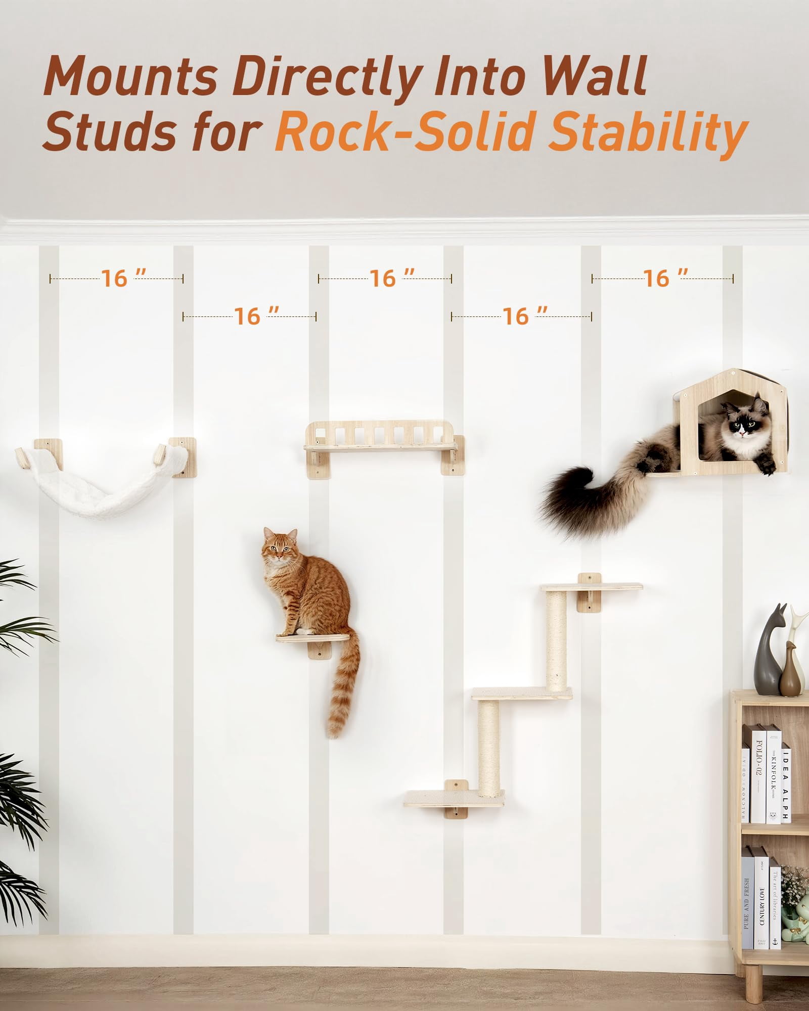 Cat Wall Shelves 5-in-1 Furniture with Hammock and Wide Perch Wooden Climbing Set for Indoor Large Cats