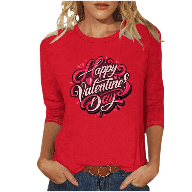 FMFYFH Hauts de la Saint-Valentin à Manches 3/4 pour Femmes, T-Shirts à Col Rond, Tunique Ample Décontractée