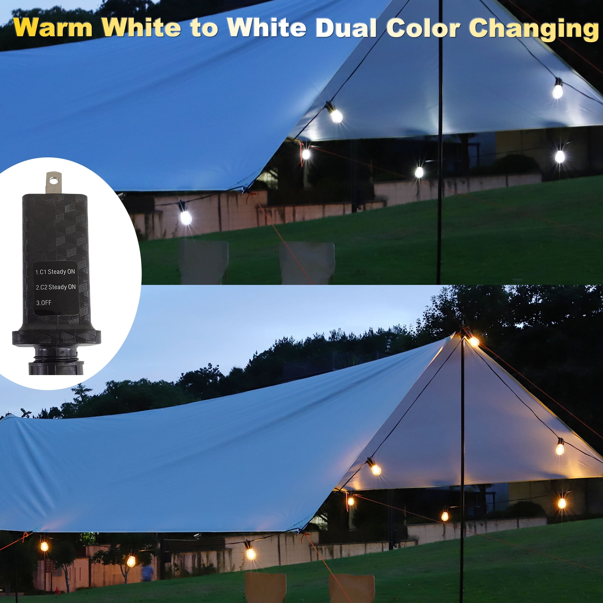 62FT LED Outdoor String Light, Warm White to White Color Changing, Waterproof Low Voltage for Patio Garden Gazebo Bistro Café Backyard