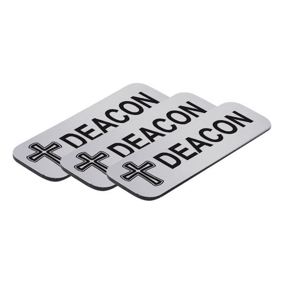 Deacon, Cross Design 1 x 3" Name Tag/Badge, Silver (3 Pack)
