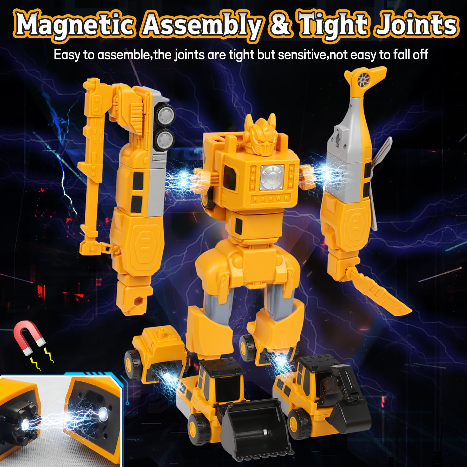 Huge Wave 8-In-1 Construction Vehicles Boys Toys Set, 12+ inch Magnetic Transform Robot Truck Set, DIY Toys with Connectors, Robot STEM Building Kids Christmas Gifts for 3-8 Year Old