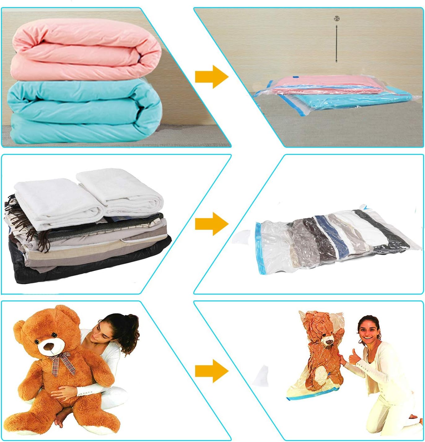 Premium Vacuum Storage Bags. 80% More Storage!Vacuum bags clothes for Travel! Double-Zip Seal and Triple Seal Turbo-Valve for Max Space Saving